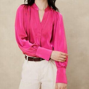 Banana Republic Crepe Blouse XL NWT Elegant Berry Volume Sleeve Top $70
